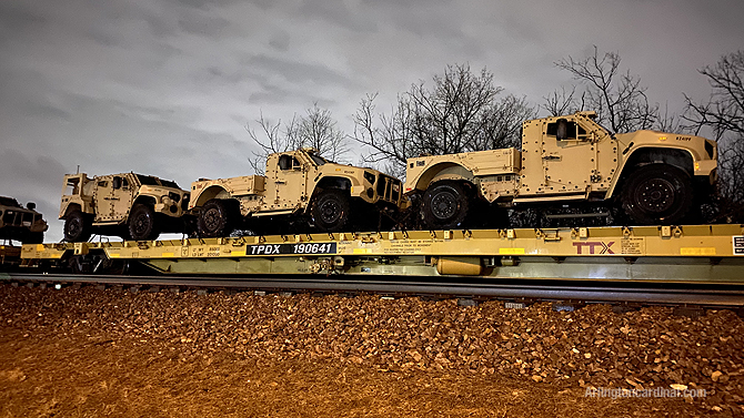 Military Vehicles On Freight Train Sighted During Day Thursday 