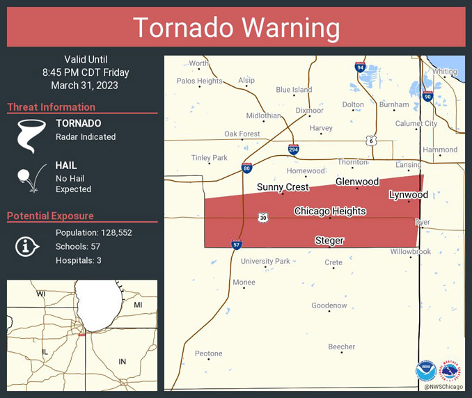 Tornado Warning in south Cook County (not close to Arlington Heights) on March 31, 2023 at 8:45 p.m.  -- about 45 minutes after a series of Tornado Warning sirens were activated in Arlington Heights (SOURCE: National Weather Service)