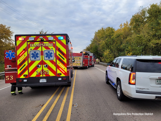 Hampshire Fire Protection District ambulance at the crash scene on Route 47 just south of Plank Road on Monday, October 23, 2023 (SOURCE: Hampshire Fire Protection District)
