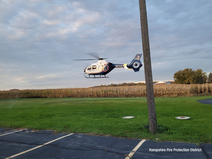 LifeNet helicopter over the landing zone north of the crash scene Monday, October 23, 2023 (SOURCE: Hampshire Fire Protection District)