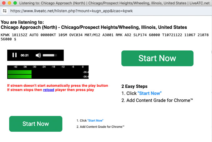 An audio window from liveatc.net for Chicago Executive Airport north of O'Hare with the legitimate PLAY (triangle) button (upper left), and two illegitimate green "Start Now" Buttons that don't start desired audio, but lead users to advertisements