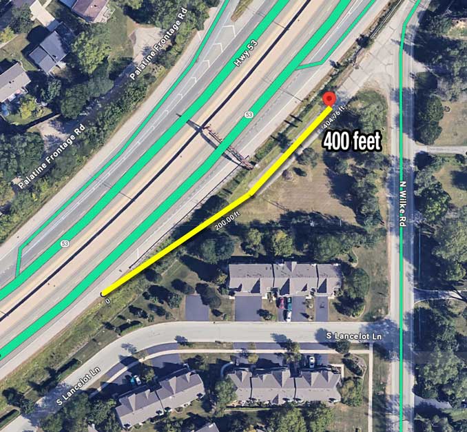 Debris field path (yellow line) from rollover crash from Route 53 to Wilke Road  just after 1:00 a.m. Saturday, May 25, 2024 (SOURCE: Imagery ©2024 Google, Imagery ©2024 Airbus, Maxar Technologies, Map data ©2024)
