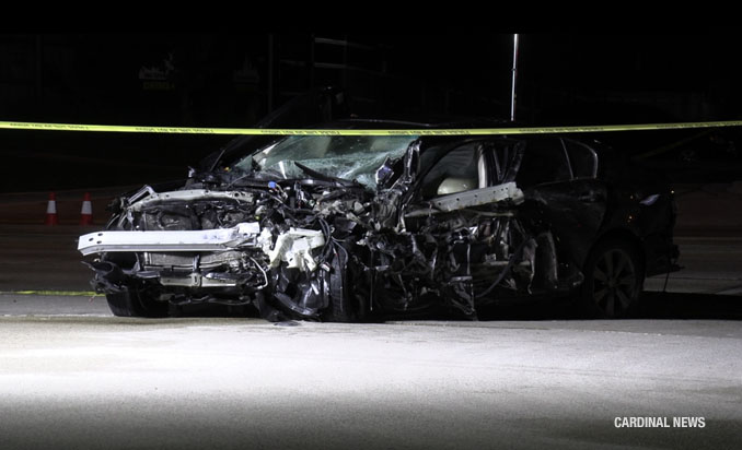Black Lexus sedan with metal ripped from the frame in a high-speed crash that killed a mother of five in Elk Grove Village Tuesday, May 28, 2024 (CARDINAL NEWS)