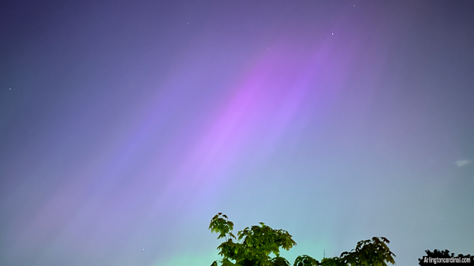 A streakier violet display was visible in the northeast sky near Thomas Middle School  at 9:16 p.m. Friday, May 10, 2024 (CARDINAL NEWS).
