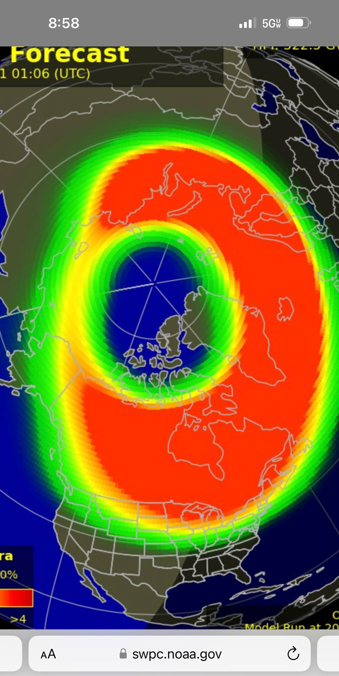The most intense probability of Aurora Borealis display may have occurred between 9:00 p.m. and 10:00 p.m. but that doesn't mean a beautiful display might not occur later after cloud cover departs around 2:30 a.m. Saturday because the night sky will be much darker (SOURCE: Space Weather Prediction Center Aurora - 30 Minute Forecast)