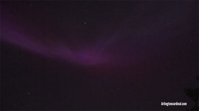 Purplish Blue streak in Northern Lights at zenith in sky Saturday, May 11, 2024 after 3:00 a.m.