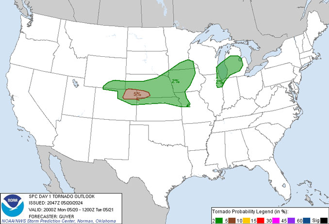 SPC DAY 1 TORNADO OUTLOOK issued 8:47 p.m.  on May 20, 2024 (NOAA/NWS Storm Prediction Center).