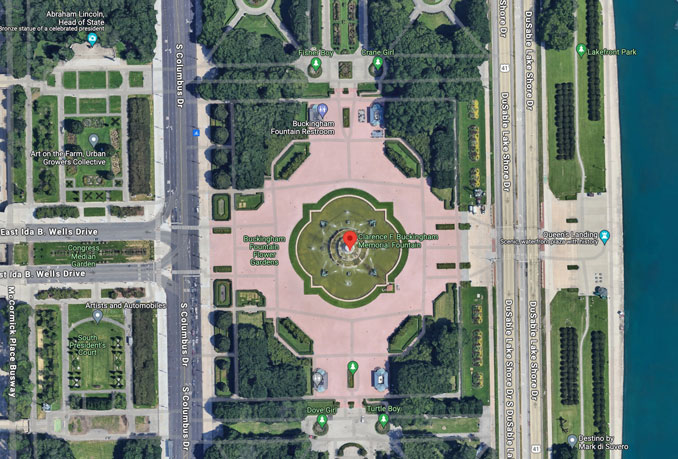 Buckingham Fountain aerial view Google (Imagery ©2024 Google, magery ©2024 Airbus, Maxar Technologies, Map data )