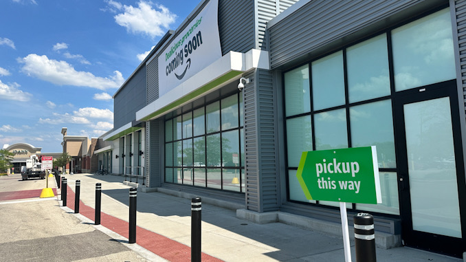 A "pickup this way" sign was installed Monday, June 17, 2024 at the site of the future apparent Amazon Fresh store in Arlington Heights (CARDINAL NEWS)