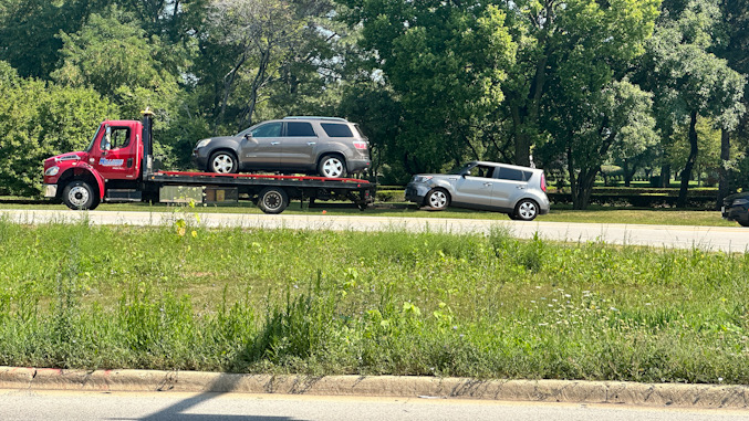 The Kia Soul driven by Aaron M. Hall-Williams towed along with the other involved crashed vehicle on Sunday, August 20, 2023 (CARDINAL NEWS)