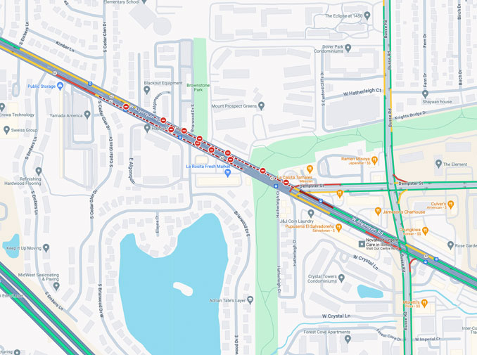 Algonquin Road was closed to through traffic in both directions between Cedar Glen Drive and Dempster Street (Map data ©2024 Google)