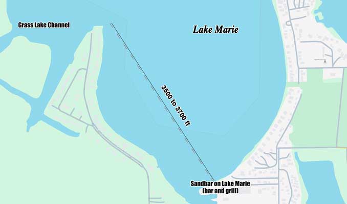 Lake Marie civilian rescue transit map on Lake Marie from Grass Lake Channel to Sandbar on Lake Marie Bar and Grill (SOURCE: Map data ©2024 Google)