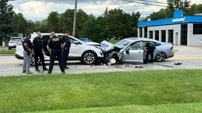 White Ford Edge and a silver Honda Accord crash head-on in the southbound lanes of Rand Road (US-12 EAST) in Prospect Heights, Monday, July 8, 2024 (CARDINAL NEWS)