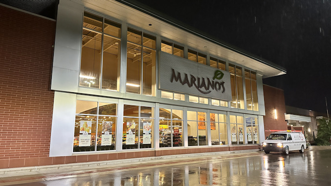 The fate of the first Mariano’s store in Arlington Heights, Illinois, shown here on Tuesday night, July 9, 2024, is up to the approval or disapproval of a merger of Albertsons and Kroger grocery chains (CARDINAL NEWS)