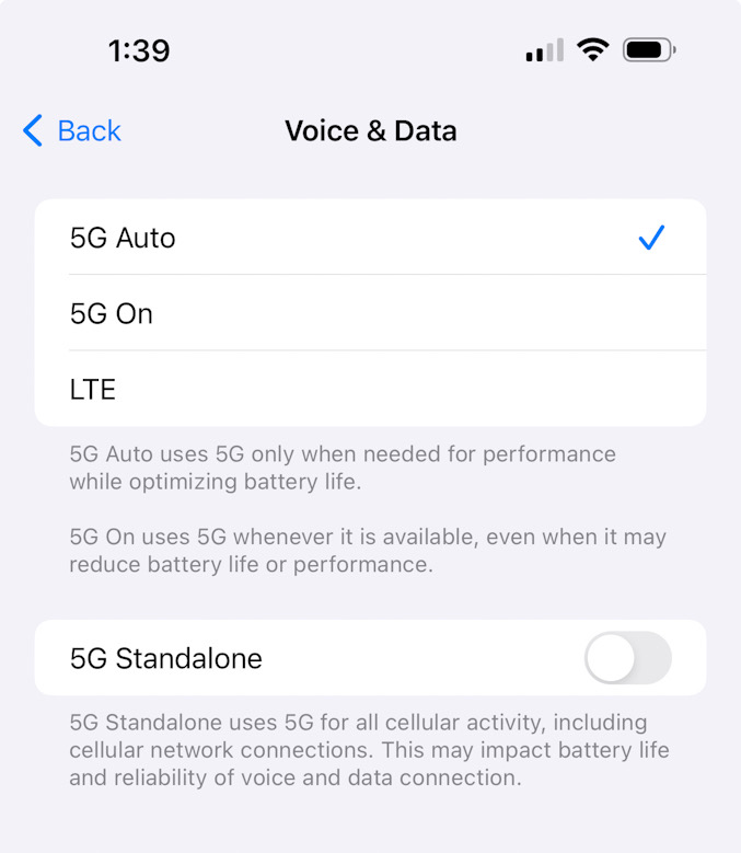 For users with 5G phones that aren't working, switching to LTE might help you if your 5G network is inaccessible ... Apple iPhone Settings: Cellular: Cellular Data Options: Voice & Data (Temporarily change 5G Auto to LTE). LTE stands for Long Term Evolution and is sometimes referred to as 4G LTE (CARDINAL NEWS).