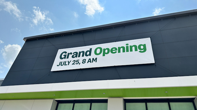 The third temporary banner at the Amazon Fresh Arlington Heights store (displayed Friday, July 12, 2024) announces a Grand Opening of July 25 at 8AM (CARDINAL NEWS)