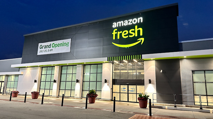 Amazon Fresh illuminated just after sign was installed on Tuesday, July 16, 2024 (CARDINAL NEWS)