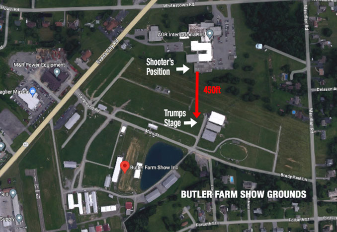 Aerial view map of Trump Rally shooting scene at Butler Farm Show Grounds, 625 Evans City Road, Butler, Pennsylvania satellite indicates the shooter with a rifle was at a location that was 