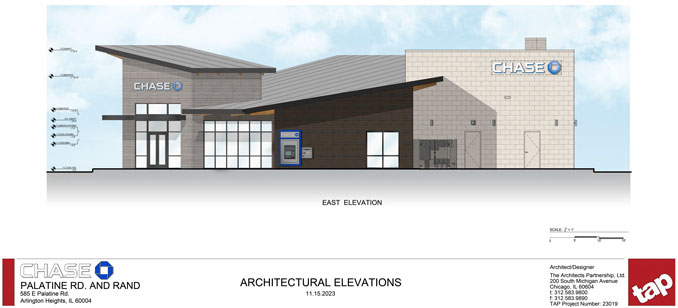 Chase Bank East Elevation at 585 East Palatine Road in Arlington Heights (SOURCE: The Architects Partnership/Village of Arlington Heights Board Meeting)