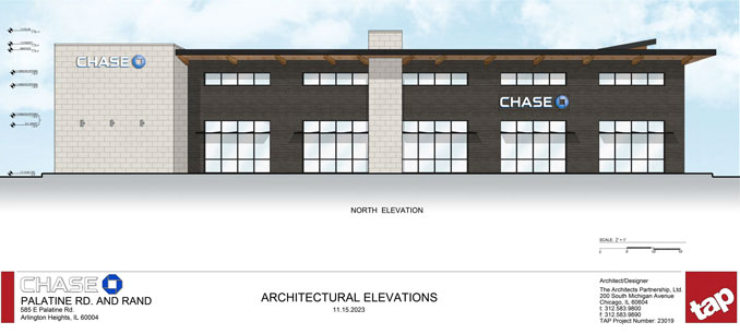 Chase Bank North Elevation at 585 East Palatine Road in Arlington Heights (SOURCE: The Architects Partnership/Village of Arlington Heights Board Meeting)