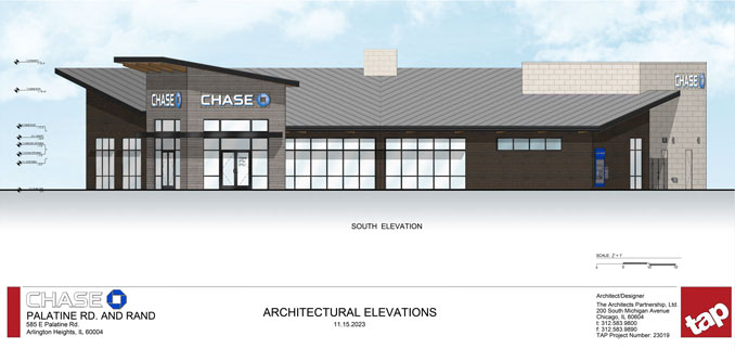 Chase Bank South Elevation at 585 East Palatine Road in Arlington Heights (SOURCE: The Architects Partnership/Village of Arlington Heights Board Meeting)