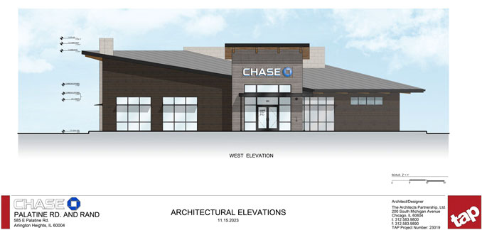 Chase Bank West Elevation at 585 East Palatine Road in Arlington Heights (SOURCE: The Architects Partnership/Village of Arlington Heights Board Meeting)