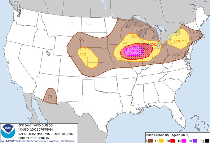 Damaging wind map forecast indicating a 45 percent chance of wind 50 knots or higher and a 10 percent change of winds 65 knots or higher issued 3:00 p.m. on July 15, 2024 (NOAA National Weather Service Storm Prediction Center)