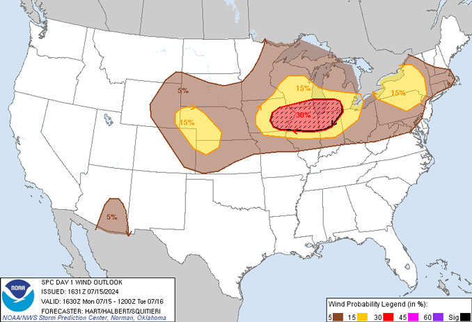 Damaging wind map forecast indicating a 30 percent chance of wind 50 knots or higher and a 10 percent change of winds 65 knots or higher issued 11:31 a.m. on July 15, 2024 (NOAA National Weather Service Storm Prediction Center)