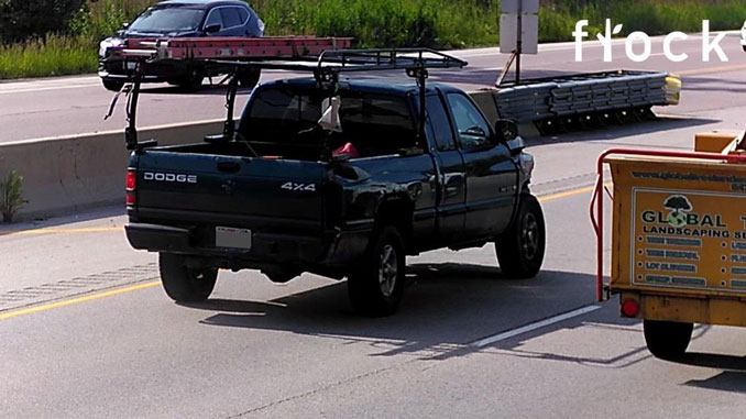 Image of Dodge pickup truck with front-end damage after a hit-and-run crash captured by a FLOCK license plate reader (LPR) camera (SOURCE: Lake Forest Police Department)