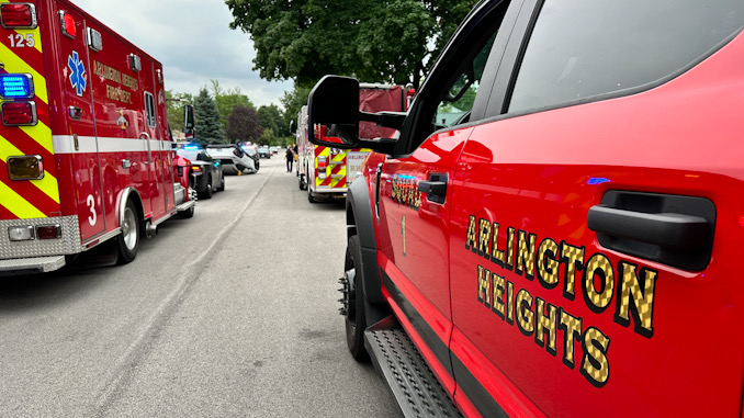 Arlington Heights Fire Department District 3's call for a rollover crash with injuries on Belmont Avenue near Magnolia Street in Arlington Heights on Tuesday, July 9, 2024 (CARDINAL NEWS)