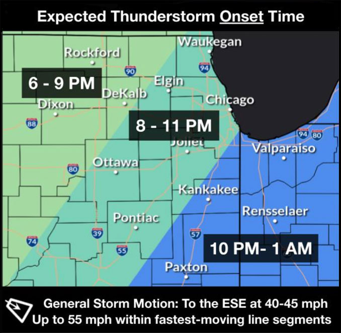 Expected thunderstorm onset on Monday, July 15, 2024 (NWS Chicago)