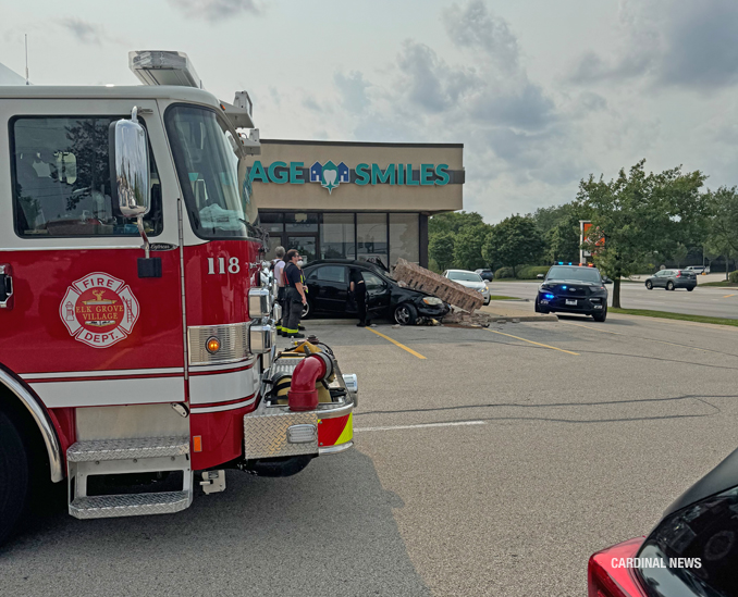 Pillar hit and collapsed on 4-door sedan at a strip mall in Elk Grove Village at the southwest corner of Meacham Road and Biesterfield Road Elk Grove Village on Tuesday, July 23, 2024 (Uncredited provided photo/CARDINAL NEWS)