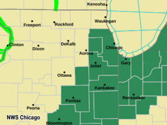 Flood Watch area (green) and Flood Warning area (bright, light green) map updated Tuesday, July 9, 2024 at 10:58 a.m. CDT (SOURCE: NWS Chicago)