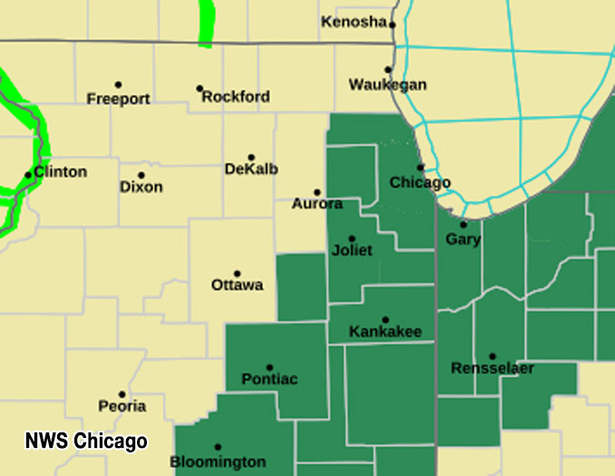 Flood Watch area (green) and Flood Warning area (bright, light green) map updated Tuesday, July 9, 2024 at 10:58 a.m. CDT (SOURCE: NWS Chicago)