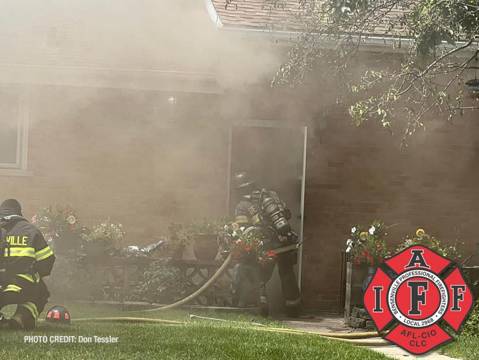 Firefighter entry to a house fire on Medinah Street in Bensenville Monday, July 15, 2024 (PHOTO CREDIT: Don Tessler/Bensenville Professional Firefighters Local 2968)