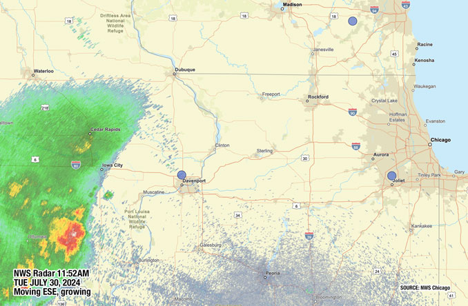 NWS radar at 11:52 a.m. Tuesday, July 30, 2024 showing storms in Iowa (NWS Chicago)