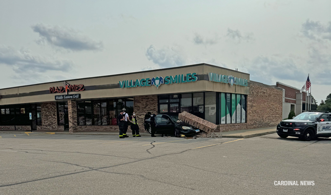 Pillar hit and collapsed on 4-door sedan at a strip mall in Elk Grove Village at the southwest corner of Meacham Road and Biesterfield Road Elk Grove Village on Tuesday, July 23, 2024 (Uncredited provided photo/CARDINAL NEWS)