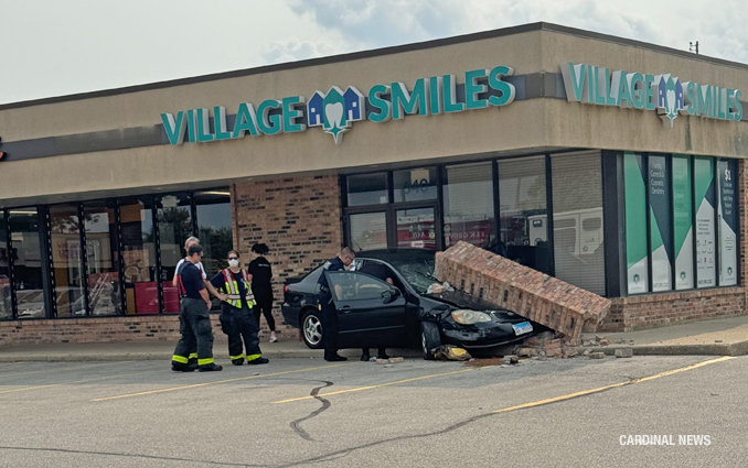 Pillar hit and collapsed on 4-door sedan at a strip mall in Elk Grove Village at the southwest corner of Meacham Road and Biesterfield Road Elk Grove Village on Tuesday, July 23, 2024 (Uncredited provided photo/CARDINAL NEWS)