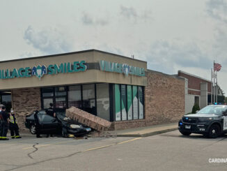 Pillar hit and collapsed on 4-door sedan at a strip mall in Elk Grove Village at the southwest corner of Meacham Road and Biesterfield Road Elk Grove Village on Tuesday, July 23, 2024 (Uncredited provided photo/CARDINAL NEW)