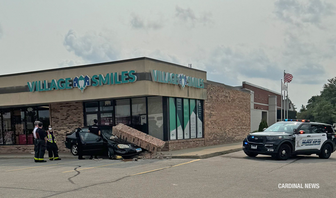 Pillar hit and collapsed on 4-door sedan at a strip mall in Elk Grove Village at the southwest corner of Meacham Road and Biesterfield Road Elk Grove Village on Tuesday, July 23, 2024 (Uncredited provided photo/CARDINAL NEWS)