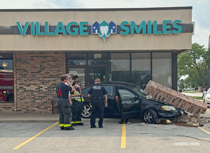 Pillar hit and collapsed on 4-door sedan at a strip mall in Elk Grove Village at the southwest corner of Meacham Road and Biesterfield Road Elk Grove Village on Tuesday, July 23, 2024 (Uncredited provided photo/CARDINAL NEWS)