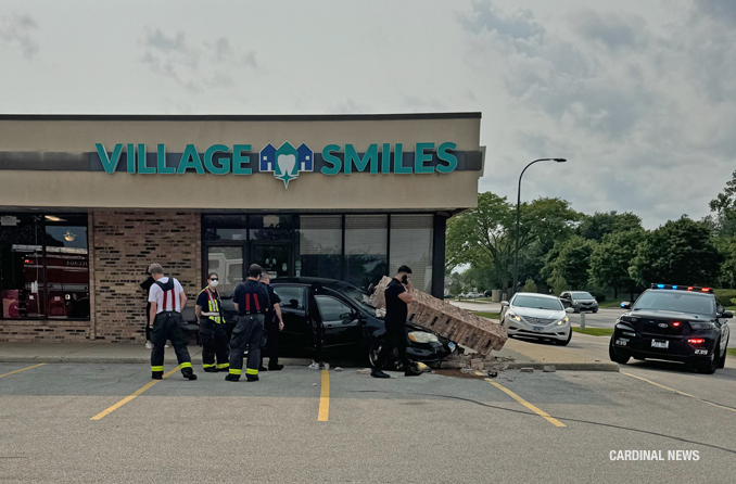 Pillar hit and collapsed on 4-door sedan at a strip mall in Elk Grove Village at the southwest corner of Meacham Road and Biesterfield Road Elk Grove Village on Tuesday, July 23, 2024 (Uncredited provided photo/CARDINAL NEWS)