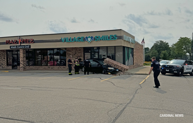 Pillar hit and collapsed on 4-door sedan at a strip mall in Elk Grove Village at the southwest corner of Meacham Road and Biesterfield Road Elk Grove Village on Tuesday, July 23, 2024 (Uncredited provided photo/CARDINAL NEWS)