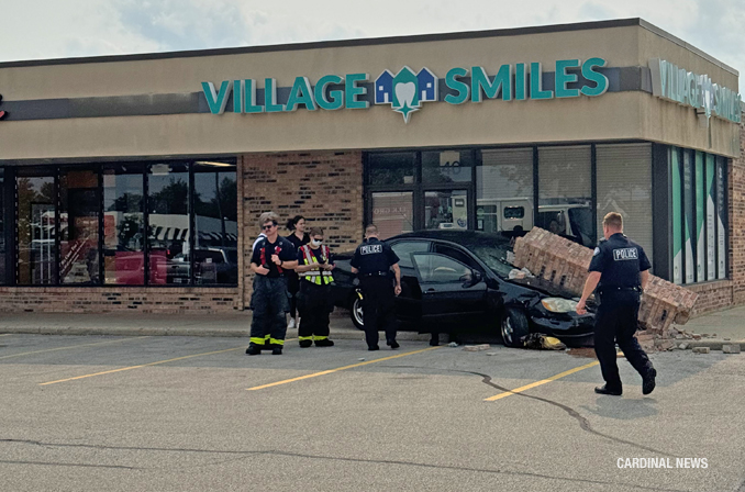 Pillar hit and collapsed on 4-door sedan at a strip mall in Elk Grove Village at the southwest corner of Meacham Road and Biesterfield Road Elk Grove Village on Tuesday, July 23, 2024 (Uncredited provided photo/CARDINAL NEWS)