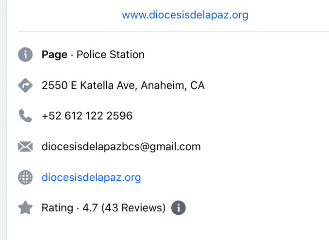 A so-called Police Station page that is apparently not a police station because it displays an Anaheim, California physical address and a telephone number with a Mexico country code (+52)