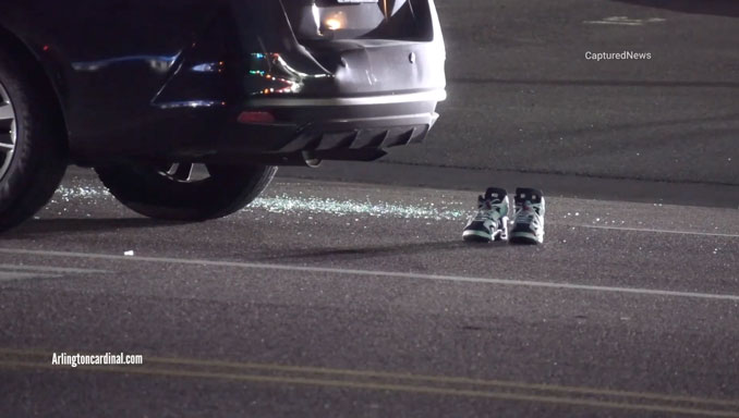 A Nissan Sentra, broken glass, and shoes at the scene of a fatal road rage shooting on Irving Park Road east of Mannheim Road in Schiller Park (CARDINAL NEWS)