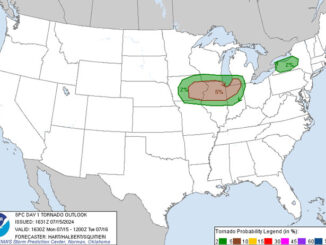 Storm Prediction Center Tornado Outlook July 15, 2024 issued 1:30 p.m. CDT indicating a larger area eastward with a 5% chance of a tornado within 25 miles of any point in the red zone (NOAA National Weather Service Storm Prediction Center)