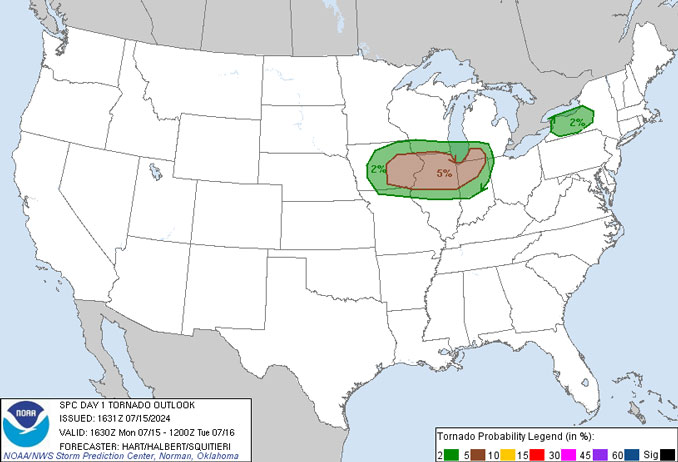 Storm Prediction Center Tornado Outlook July 15, 2024 issued 1:30 p.m. CDT indicating a larger area eastward with a 5% chance of a tornado within 25 miles of any point in the red zone (NOAA National Weather Service Storm Prediction Center)