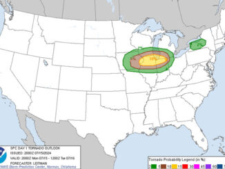 Storm Prediction Center Tornado Outlook July 15, 2024 issued 3:00 p.m. CDT indicating a 10% chance of a tornado within 25 miles of any point in the yellow zone (NOAA National Weather Service Storm Prediction Center)