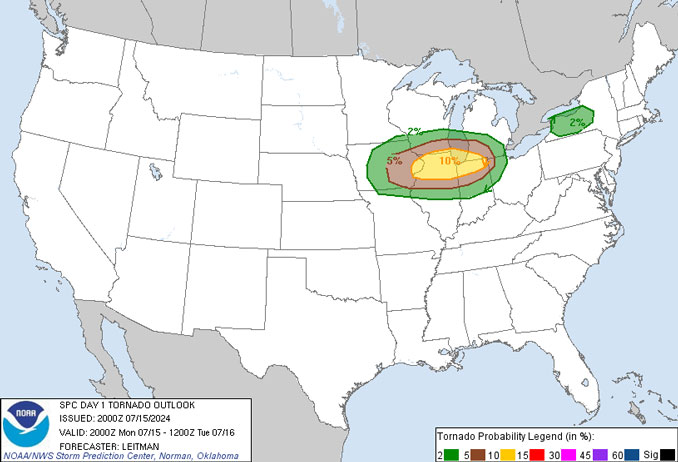 Storm Prediction Center Tornado Outlook July 15, 2024 issued 3:00 p.m. CDT indicating a 10% chance of a tornado within 25 miles of any point in the yellow zone (NOAA National Weather Service Storm Prediction Center)